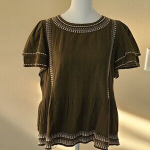 LOFT Olive Green Peasant Top, Size M, NWT